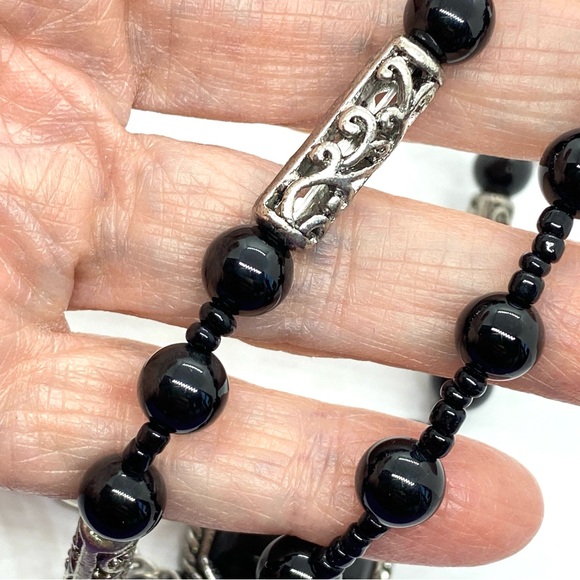 Black Onyx Statement Necklace With Beads Silver Tone Filagree Accents - Picture 9 of 11